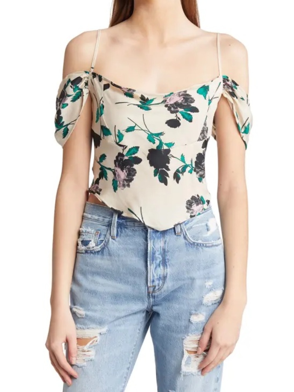 Free People Cream Floral Off-Shoulder Handkerchief Cami